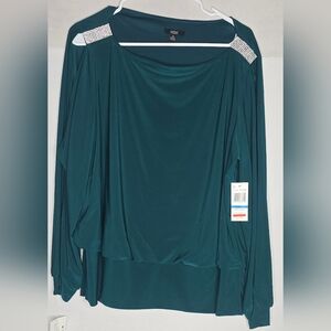 NWT MSK Blouse Women's Emerald Green Knit Cold Shoulder Bling Rhinestone Top XL
